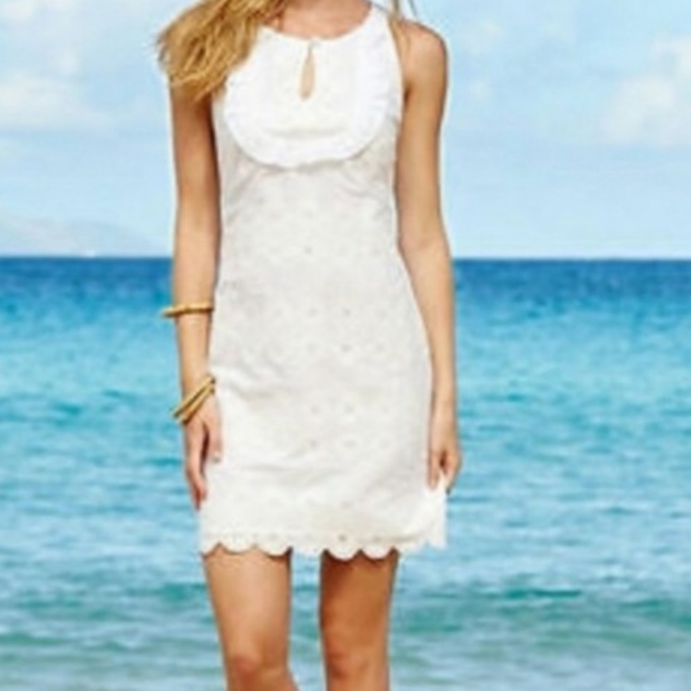 Vineyard Vines White on White Ruffled & Embroidered Shift Dress